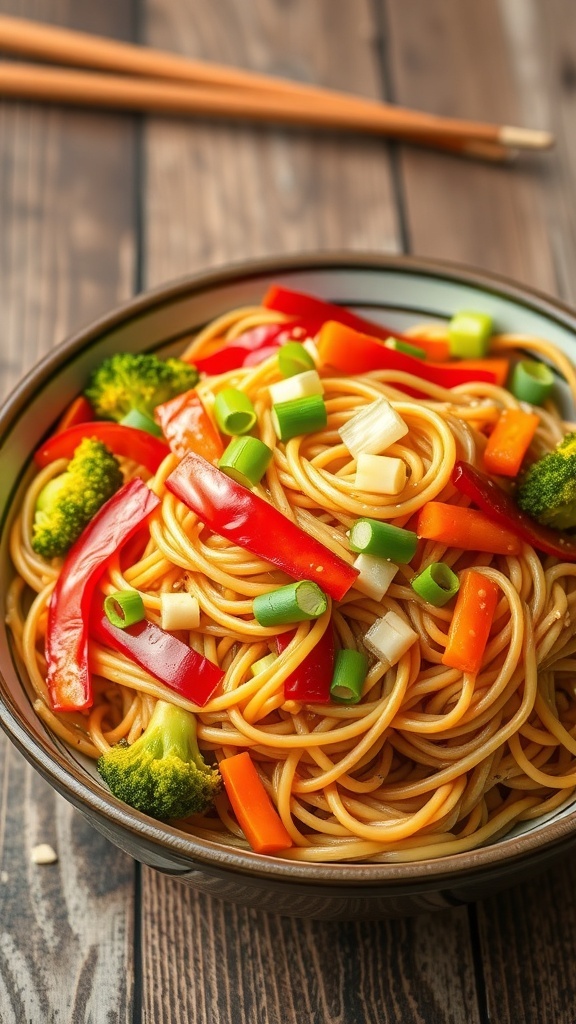 A colorful plate of stir-fried Asian noodles with vegetables and protein, garnished with green onions and sesame seeds.